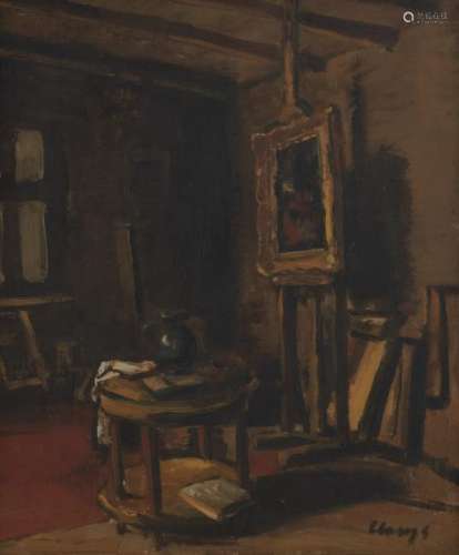 Clarys, a studio interior, oil on canvas on board, 33 x
