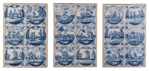 A lot of three 18thC Dutch Delftware tile panels, blue
