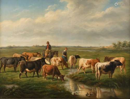 Ap. B.sar., a shepherds couple and their herd, oil on