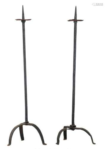 Two wrought iron church candlesticks, H 126,5 cm