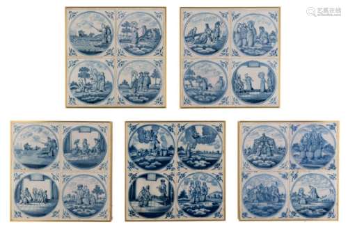 A lot of five 18thC Dutch Delftware tile panels, blue