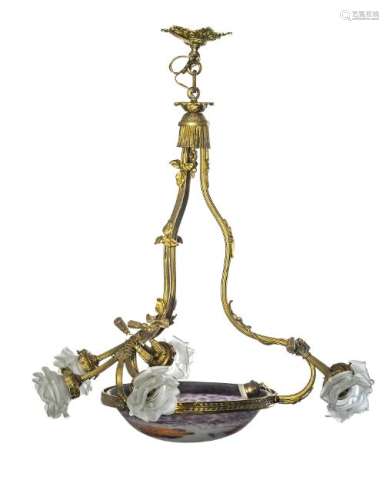 A Belle Epoque gilt brass chandelier with frosted glass