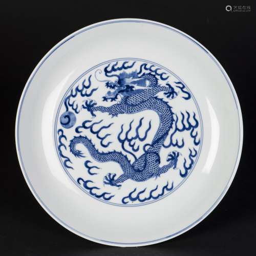 A BLUE AND WHITE DRAGON PORCELAIN PLATE, QING DYNASTY, GUANGXU PERIOD