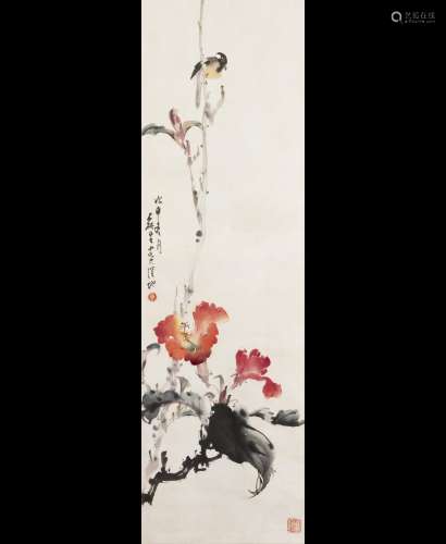 A CHINESE SCROLL PAINTING OF FLORAL MOTIF