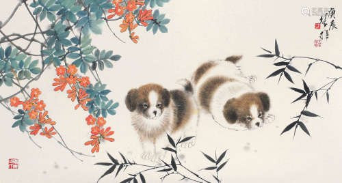 方楚雄（b.1950） 2000年作 双犬 立轴 纸本设色