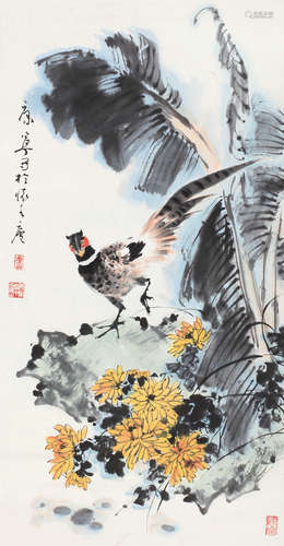 康宁（b.1950） 芭蕉稚鸡 镜心 纸本设色