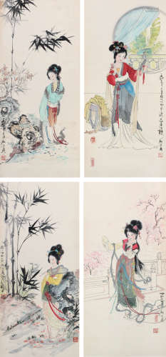顾炳鑫（1923～2001） 1987年作 四美图 立轴 纸本设色
