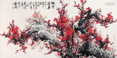 王成喜（b.1940） 1987年作 傲雪迎春 镜心 纸本设色