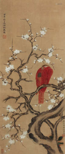 周炼霞（1908～2000） 1954年作 梅花鹦鹉 立轴 绢本设色