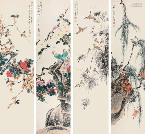 颜伯龙（1898～1954） 1927年作 花鸟 四屏立轴 纸本设色
