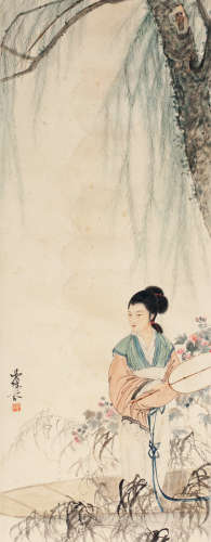 邓芬（1894～1964） 柳下仕女 立轴 纸本设色