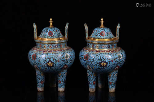 17TH-19TH CENTURY, A PAIR OF PALACE STYLE FLORAL PATTERN CLOISONNE THREE-FOOT CENSER, QING DYNASTY