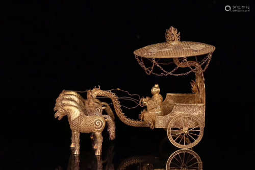 A TANG DYNASTY STYLE GILT SILVER FOUR HORSES-DRAWN VEHICLE