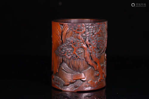 17TH-19TH CENTURY, A LANDSCAPE&FIGURE PATTERN OLD BAMBOO BRUSH HOLDER, QING DYNASTY