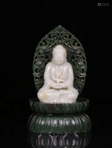 17TH-19TH CENTURY, A BUDDHA DESIGN HETIAN JADE STATUE WITH HETIAN BI JADE BASE