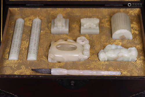 17TH-19TH CENTURY, A SET OF PALACE OLD HETIAN JADE TOOLS FOR WRITING AND DRAWING, QING DYNASTY