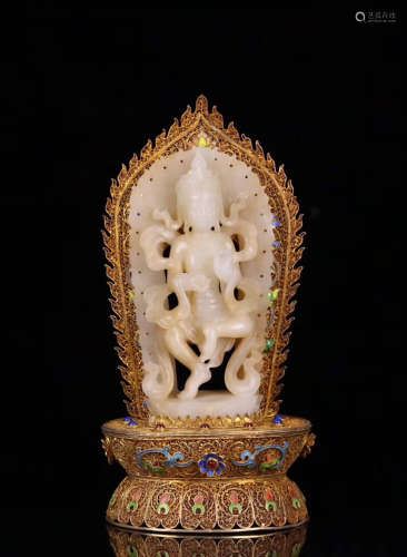 A GUANYIN DESIGN HETIAN JADE STATUE WITH GILT SILVER BASE