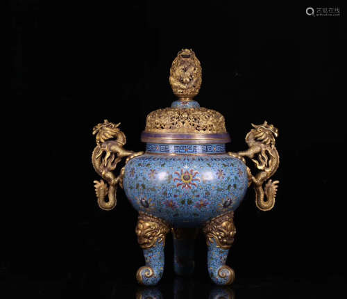 17-19TH CENTURY, A PALACE STYLE CLOISONNE DOUBLE-EAR BRONZE CENSER, QING DYNASTY