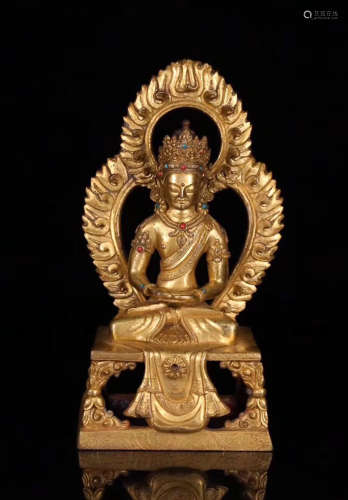 17TH CENTURY, A BUDDHA DESIGN GILT BRONZE STATUE