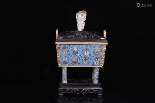 14-16TH CENTURY, A CLOISONNE DOUBLE-EAR CENSER WITH ROSEWOOD COVER AND BASE, MING DYNASTY