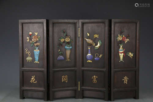 A FLOWER PATTERN FOLDING SCREEN WITH TREASURES