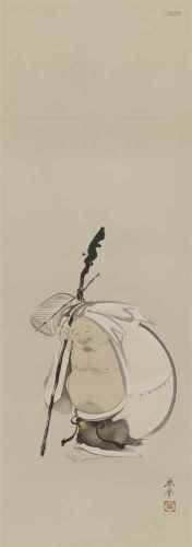 Yamamoto Shunkyô (1871-1933)Hängerolle. Hotei mit Sack, Blattfächer und Wanderstab. Tusche,