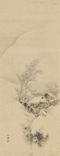 Takebe Hakuhô (1871-1927)Hängerolle. Hütten in einer Winterlandschaft. Tusche und leichtes Braun auf