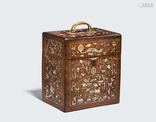 19th century A hardwood storage box with mother-of-pearl inlay