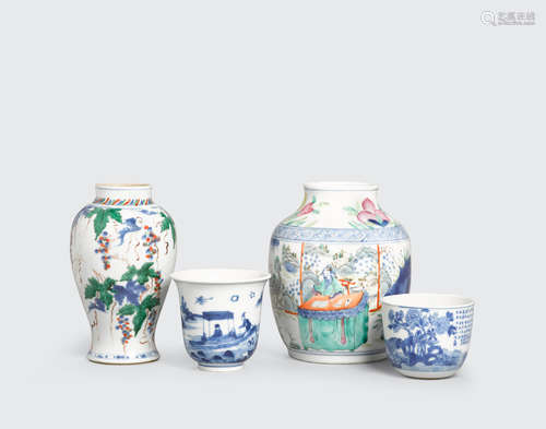 A group of four containers with underglaze blue decoration