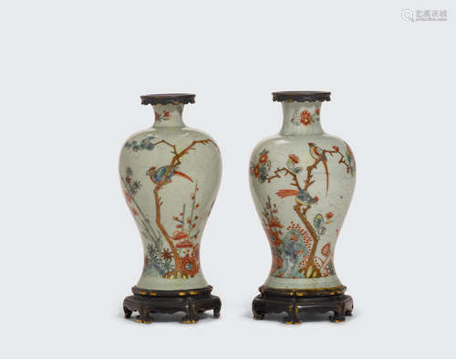 18th/19th century Two celadon glazed baluster vases with European enamel decoration