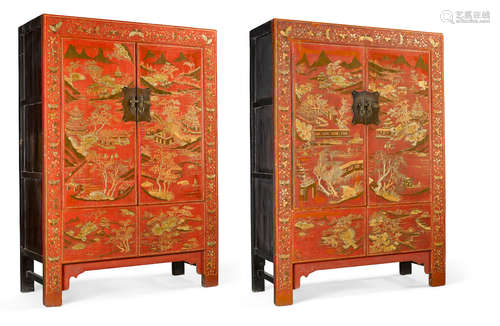 19th century A pair of red lacquer cabinets with landscape decoration