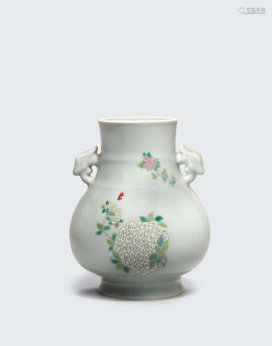 Yongzheng mark, late Qing/Republic period A celadon glazed hu-form vase with famille rose decoration