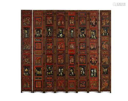 Late Qing/Republic Period An eight-panel inlaid hardwood screen