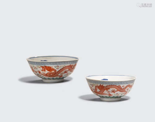 Daoguang marks, Republic period A pair of underglaze blue and famille rose enameled dragon bowls