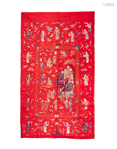 Late Qing/Republic period A massive embroidered red satin hanging with Daoist figures