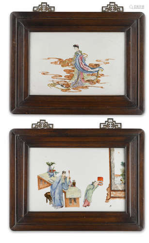 Republic period Two framed porcelain plaques with famille rose enameled figure scenes