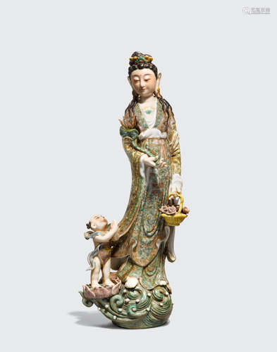 Tang Ying jian zhi mark, Republic period A famille verte enameled figure of Guanyin and Shancai