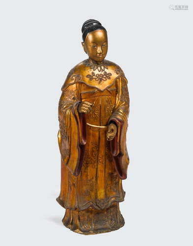 Qing dynasty A polychrome dry lacquer and wood female Daoist attendant