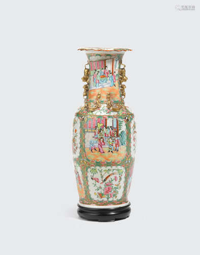 19th century A Canton Rose Medallion Vase with applied decoration