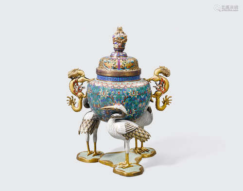 Republic period A large cloisonné enameled and gilt metal censer and cover