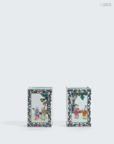 Republic period A pair of miniature porcelain square sided vases