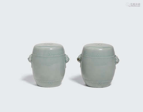 Late Qing/Republic period Pair of celadon glazed drum shape vases