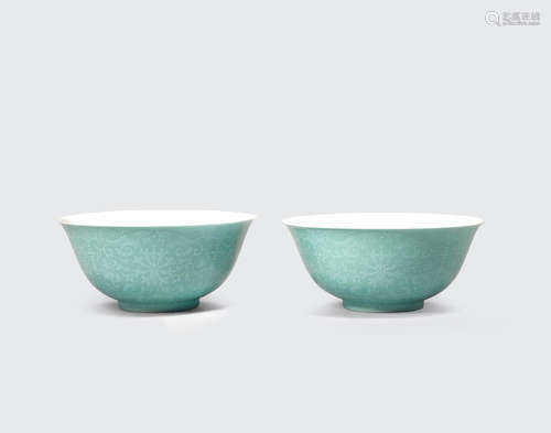 Qianlong marks, Republic Period A pair of turquoise enameled bowls with white slip decoration