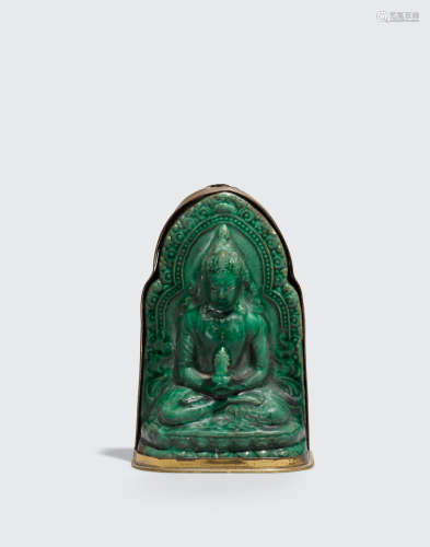 Tibet, 19th century or earlier A green glazed pottery tsa-tsa of Amitayus