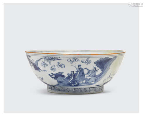 17th century A blue and white deep bowl with a figural decoration