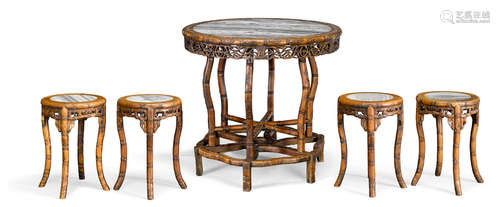 Republic Period A marble inlaid mother of pearl table and four stools