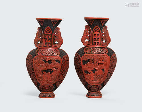 Late Qing/Republic Period A pair of cinnabar and black lacquer wall vases