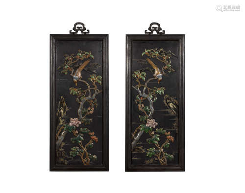 A pair of black lacquered wood wall panels with cloisonné  overlay decoration