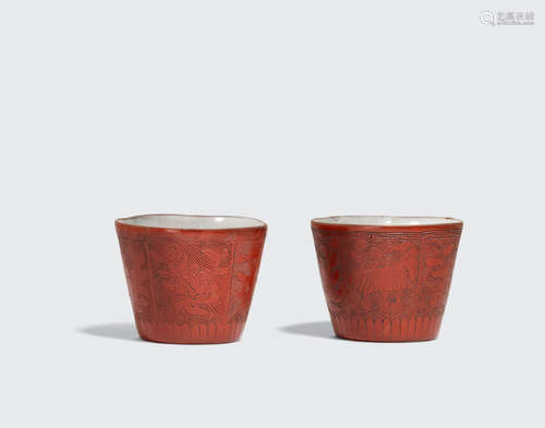 Tiehua Xuan studios A pair of faux cinnabar lacquer enamel Yixing pottery cups