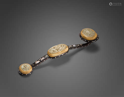 19th century a jade and wood ruyi with mother-of-pearl inlay